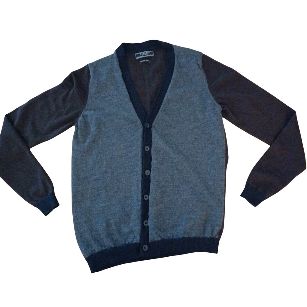 Zara Man Cardigan Sweater Size 42 Longsleeve Gray Navy Brown 100% Fine Wool